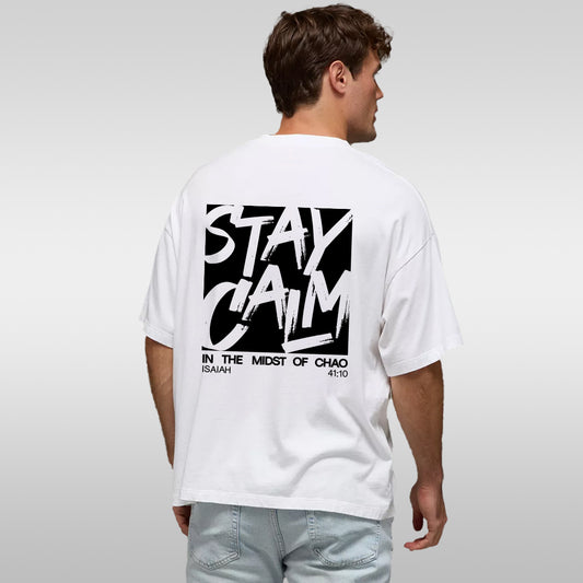 Stay Calm Graphic T-Shirt — "Stay Calm" Back Print Casual Tee